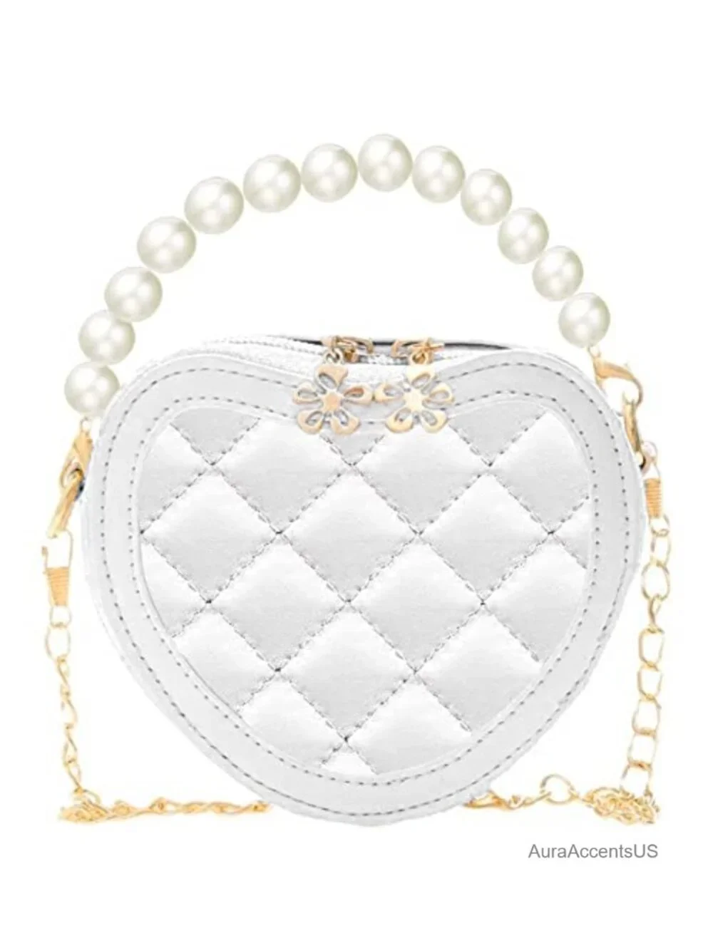 Girls PU Leather Heart Crossbody Bag with Pearl Handle & Chain Strap